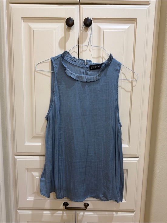 Evelyn Blue Tops - Sleeveless Ruffle-Neck Blouse in Slate Blue